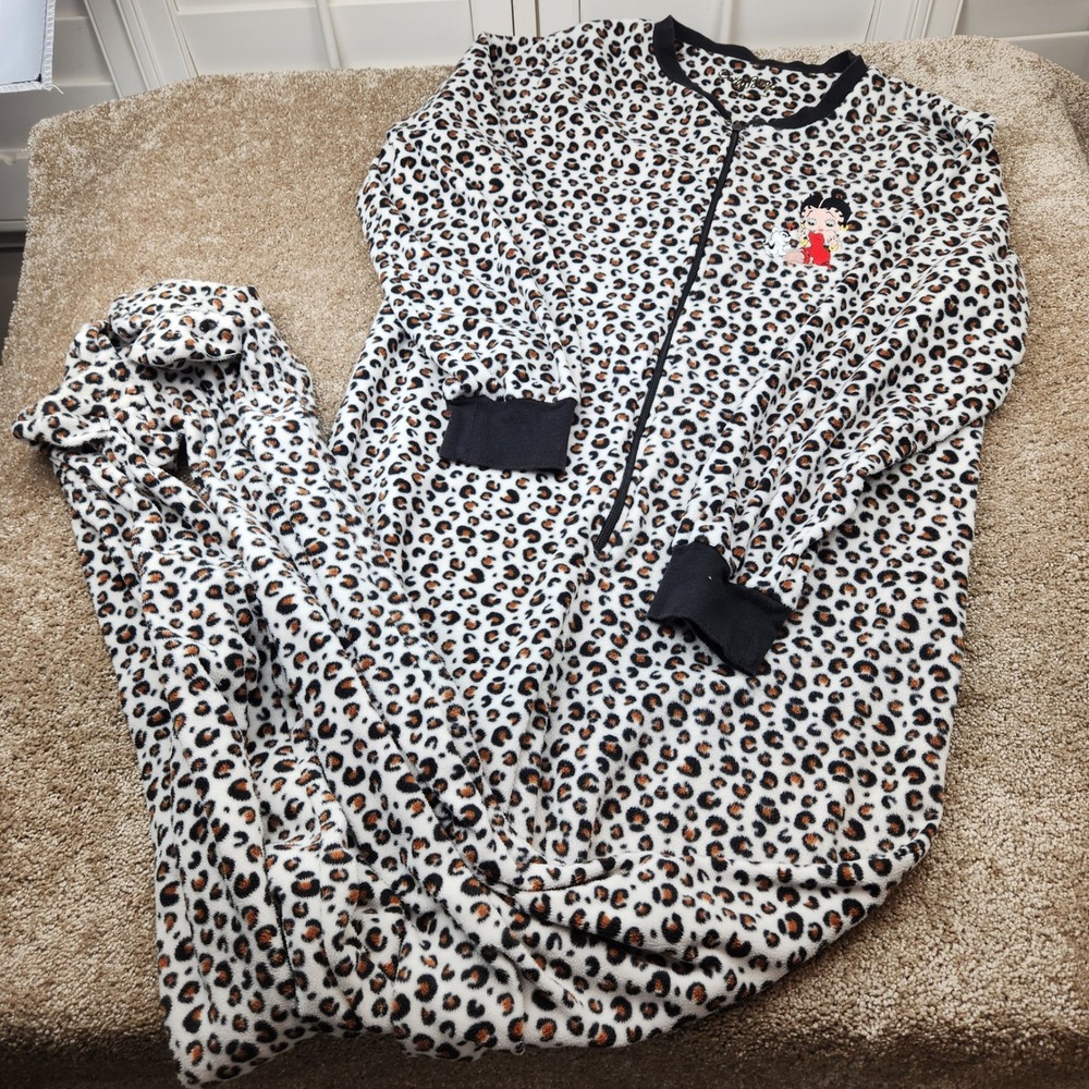 Betty Boop Leopard Print Fleece Union Suit Pajamas Womens Small Full Zip Plush